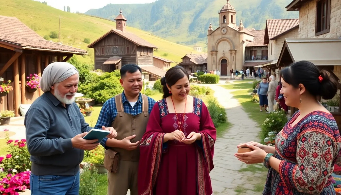 a village scene depicting locals sharing stories and traditional crafts.